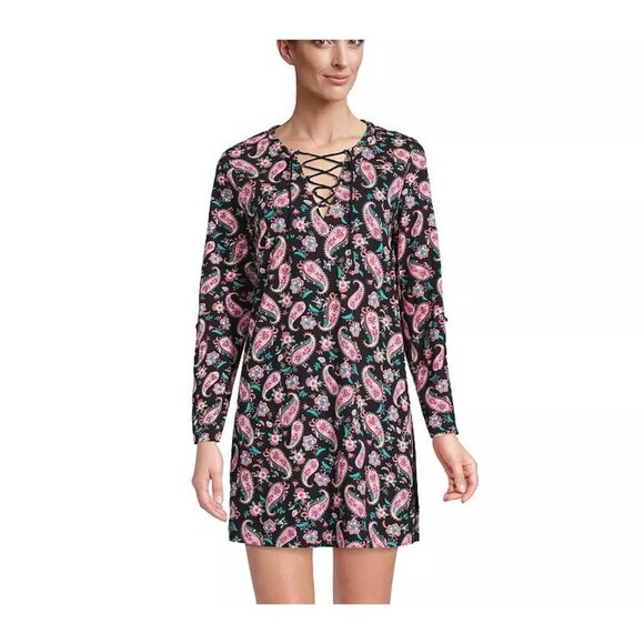 Lands End Womens Large Tunic Swim Cover Up Shirtdress Roll Tab Sleeve Dress - Picture 1 of 12